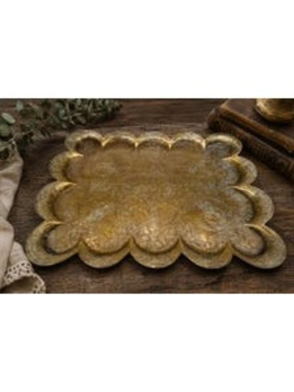Vintage Brass Scalloped Tray Ornate Floral Engraving Rectangular Design 12"x9.5"